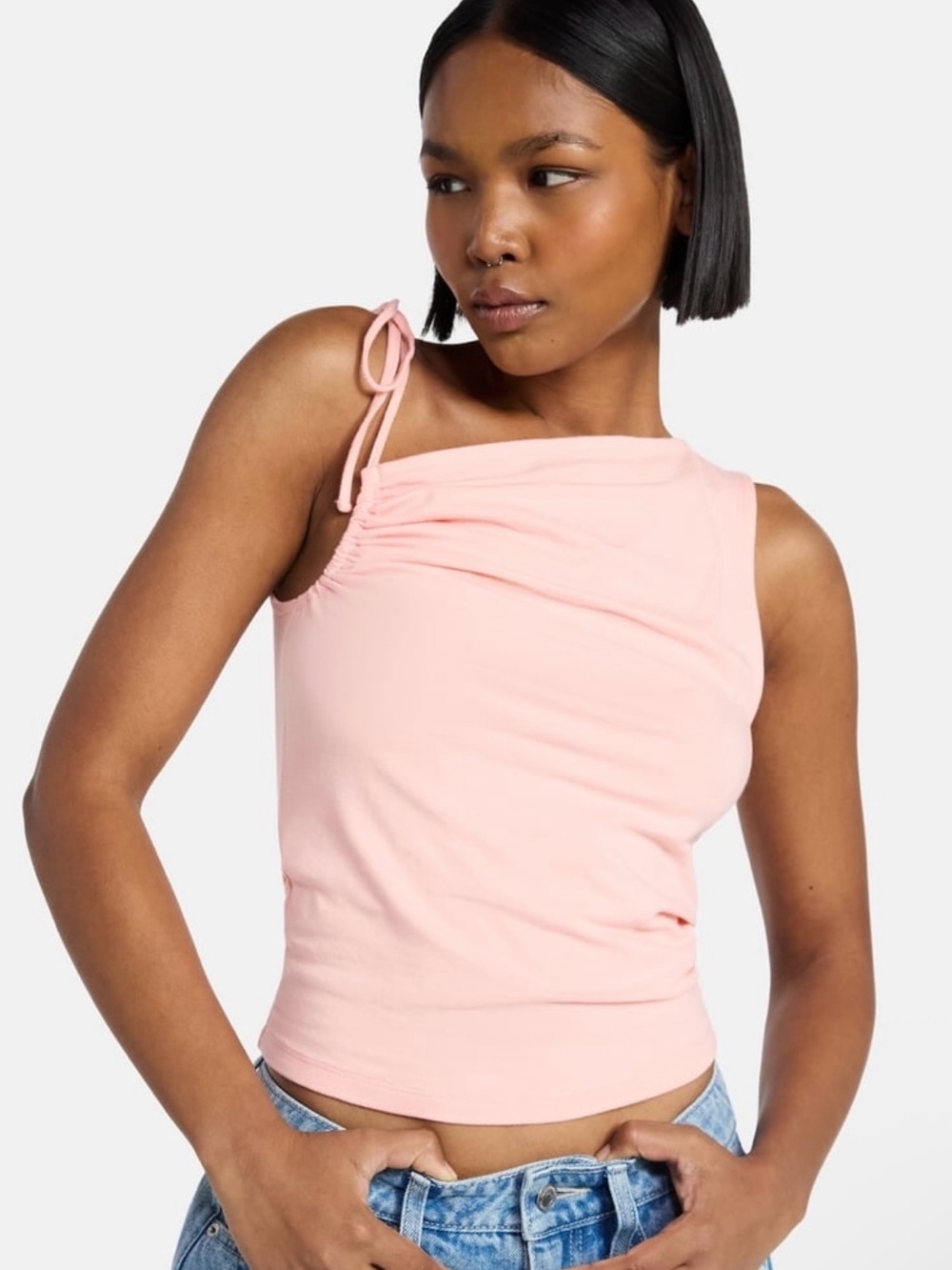 Women’s One-Shoulder Tie-Strap Tank Top - Soft Pink